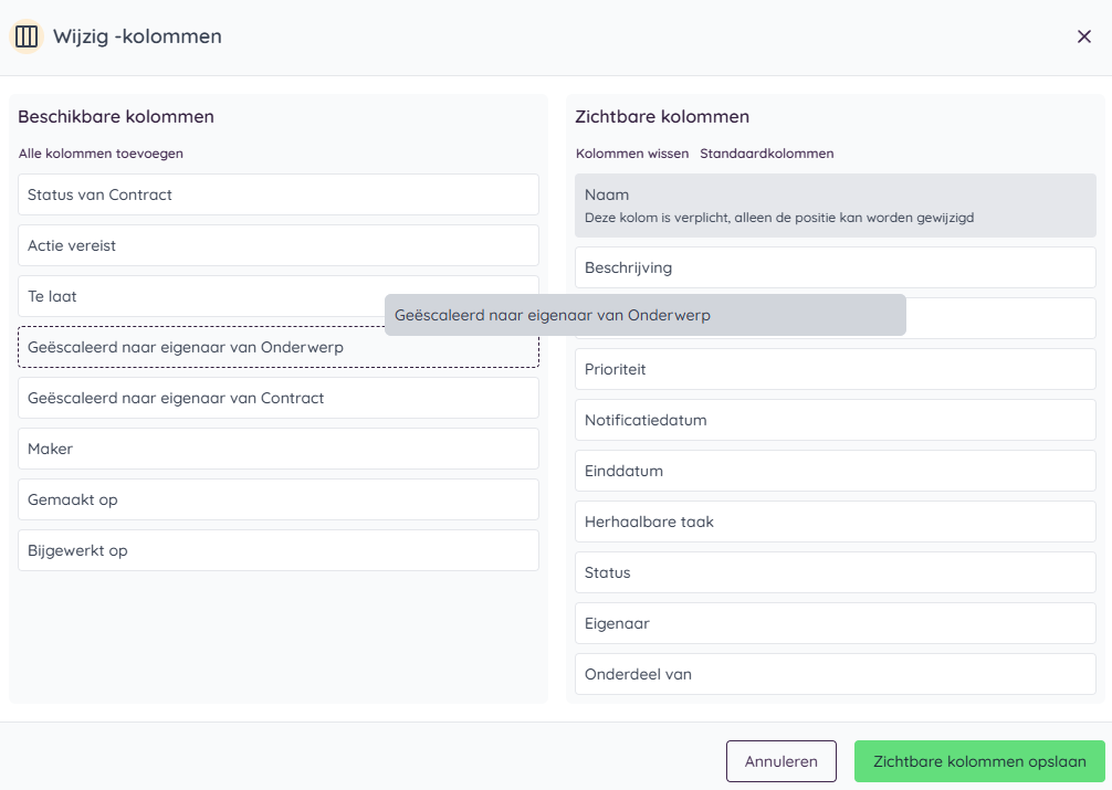Verplaatsen van beschikbare kolommen naar zichtbare kolommen