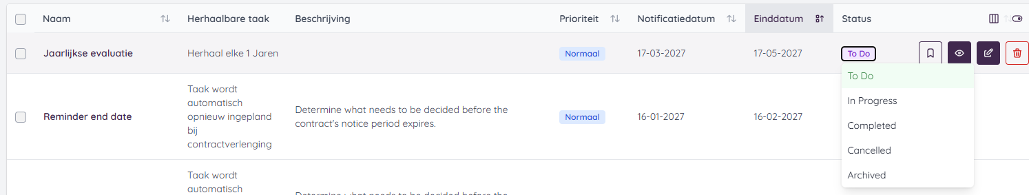 Selecteer de nieuwe taakstatus