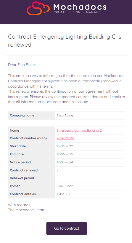 Email notification automated renewal contract | Mochadocs