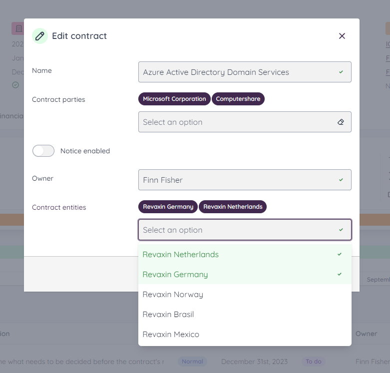 Select or deselect the contract's entities | Mochadocs