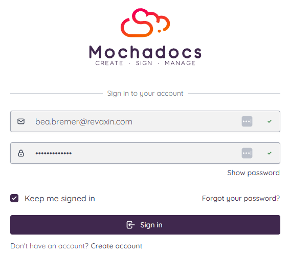 Sign in to your Mochadocs account with email and password