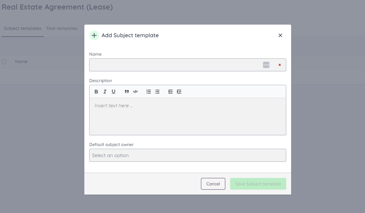 Add subject template in a contract type by using a form