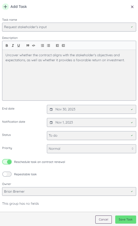 Adding task information under the contract subject