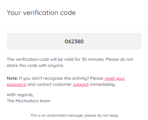 The Mochadocs OTP verification code